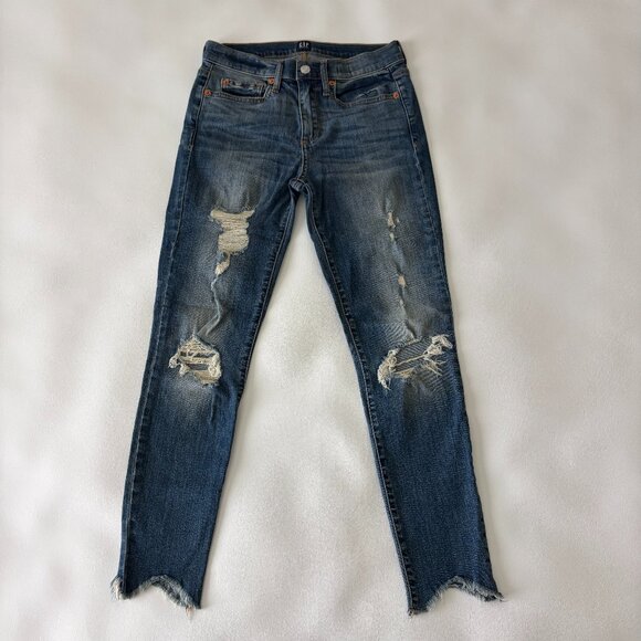 GAP Jean Womens 26 Blue Skinny Distressed Mid-Rise Stretch Denim Raw Hem - Picture 1 of 13